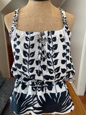 AREA Navy and White Floral Print Tank Top